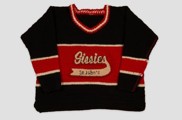 Lucas Morneau's St. John's Sissies hockey jersey has been acquired by The Rooms, Newfoundland and Labrador's largest public cultural space in St. John's. Morneau crocheted and rug-hooked the jersey, using wool as well as pantyhose from drag queens. (Submitted by Lucas Morneau - image credit)