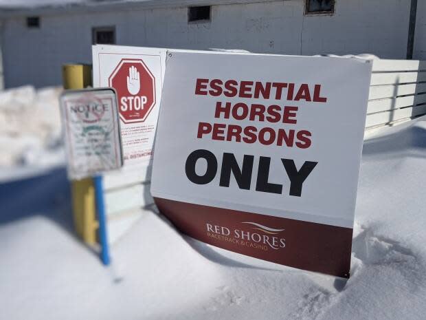 Signage at Red Shores Racetrack aimed at restricting acccess to the barn area.  