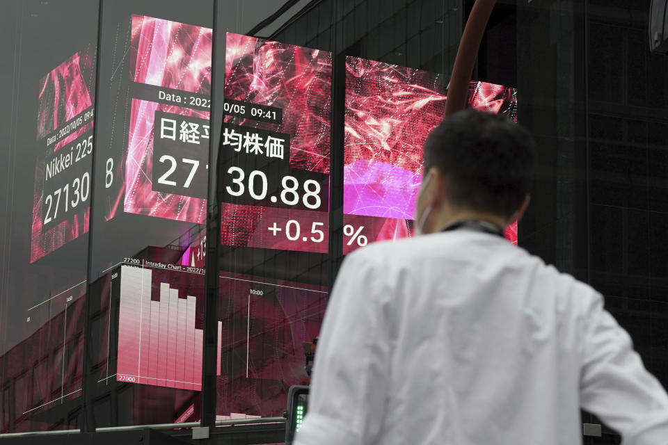 A person stands in front of an electronic stock board showing Japan's Nikkei 225 index Wednesday, Oct. 5, 2022, in Tokyo. Hong Kong’s share benchmark soared more than 5% on Wednesday as Asian shares tracked gains on Wall Street. (AP Photo/Eugene Hoshiko)