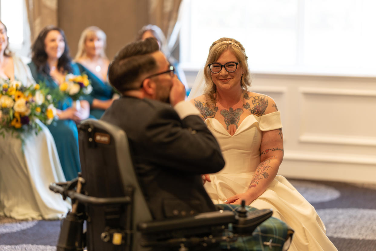 Barry and his wife, Emma both have Multiple Sclerosis, pictured on their wedding day. (Allan Law Photography/SWNS)