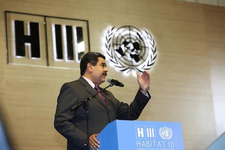 Venezuela's President Nicolas Maduro speaks during the United Nations Conference on Housing and Sustainable Urban Development in Quito, Ecuador October 17, 2016. Miraflores Palace/Handout via REUTERS
