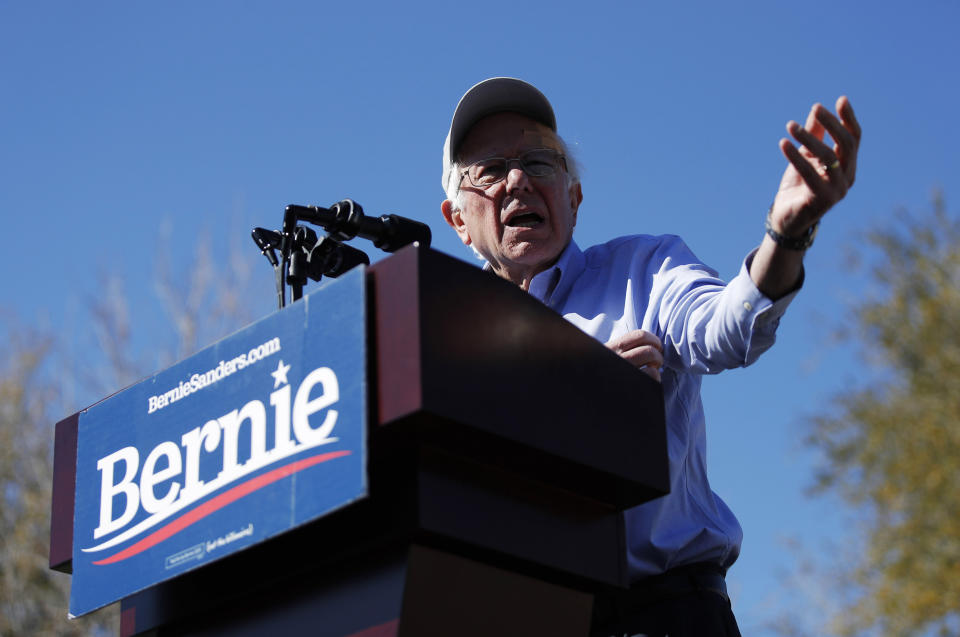 2020 Democratic presidential candidate Sen. Bernie Sanders speaks at a rally Saturday, March 16, 2019, in Henderson, Nev. (AP Photo/John Locher)