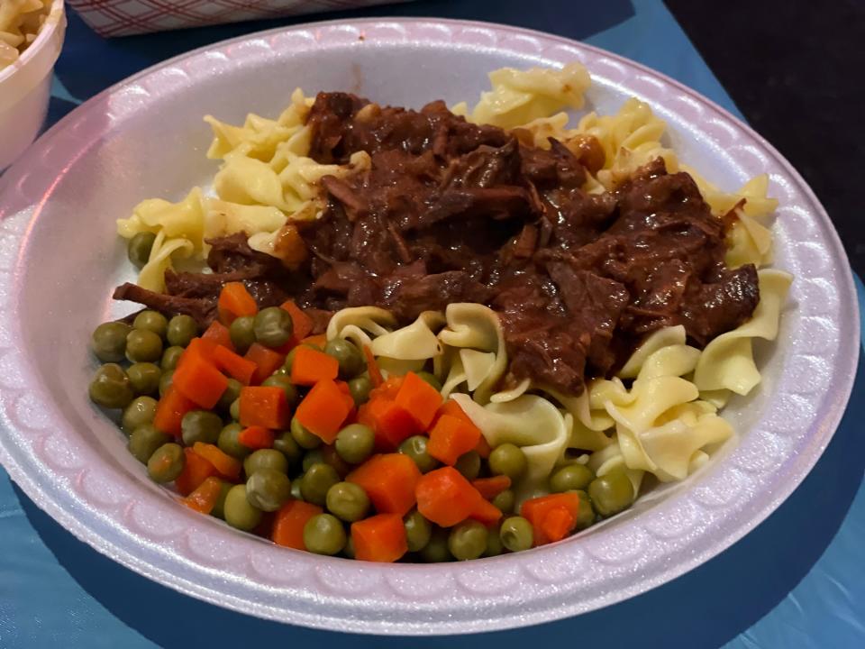 Goulash with a side of peas and carrots available at Christkindlmarkt in Bethlehem, Pa.