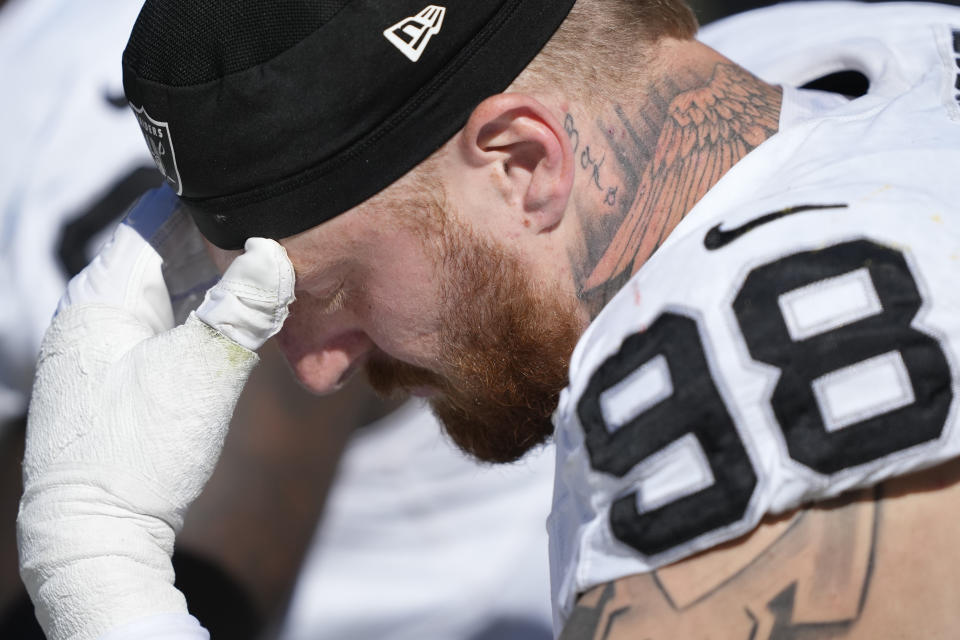 It was a tough watch for Las Vegas Raiders defensive end Maxx Crosby this past Sunday in Chicago. (AP Photo/Charles Rex Arbogast)