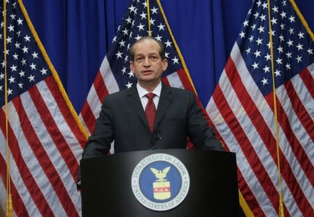 U.S. Labor Secretary Alexander Acosta holds news conference about his role in a 2008 plea deal with financier Epstein at the Labor Department in Washington