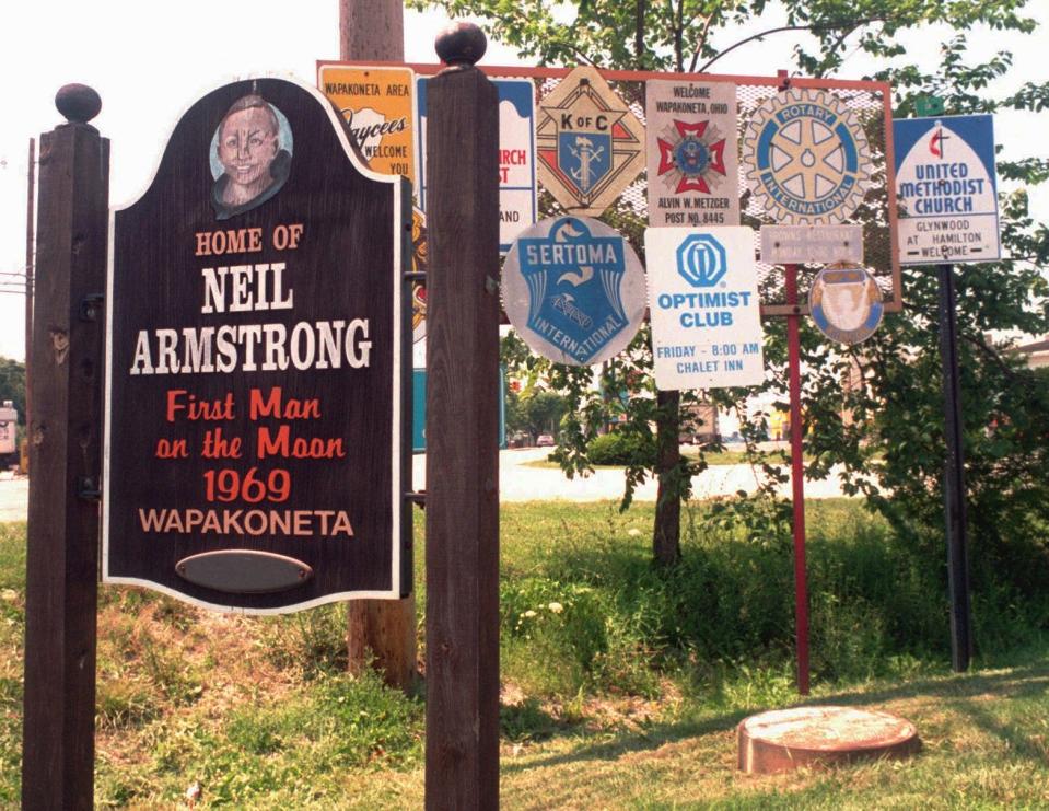 Visitors to Wapakoneta, Ohio are greeted by a sign, shown in 1994, proudly boasting the fact that the first man on the moon, Neil Armstrong, was a native son. Despite having left the city in 1947 to attend college, Neil Armstong's presence is still strongly felt in his Ohio birthplace.