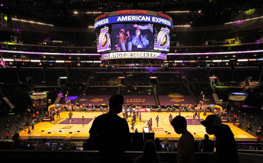 Fans take their seats before the Lakers take on the Boston Celtics at Staples Center on April 15, 2021.
