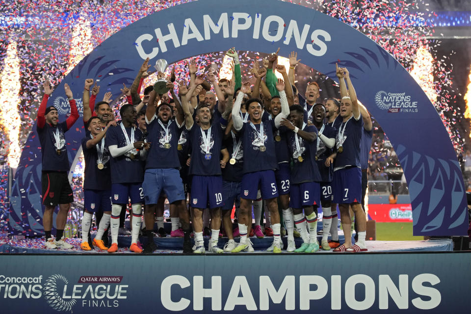 United States players celebrate after defeating Canada in a CONCACAF Nations League final match Sunday, June 18, 2023, in Las Vegas. (AP Photo/John Locher)