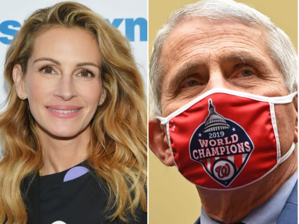 <p>Julia Roberts praises Dr Anthony Fauci’s ‘true courage’ while presenting him with amfAR award</p> (Getty Images)