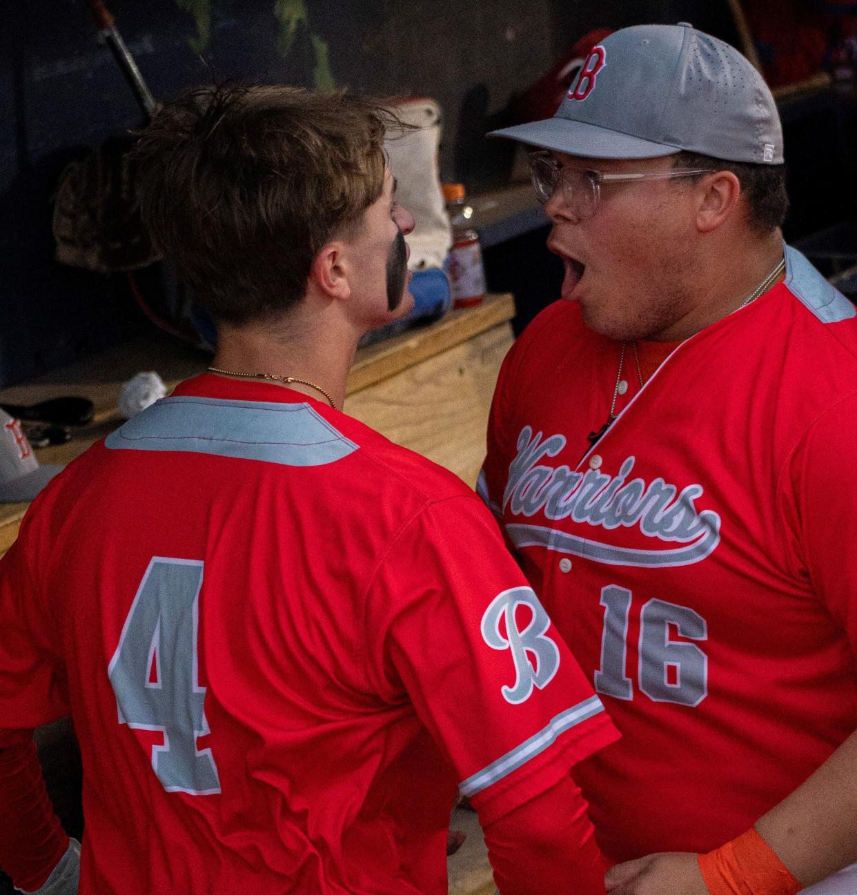 Bristol's Cole Guy (4) celebrates with teammate Isaac Ocasio (16) during a win over Calvary Christian.