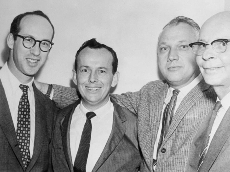 Police Commissioner L.B. Sullivan (second left) celebrates his $500,000 libel suit victory in "Sullivan v. New York Times". From