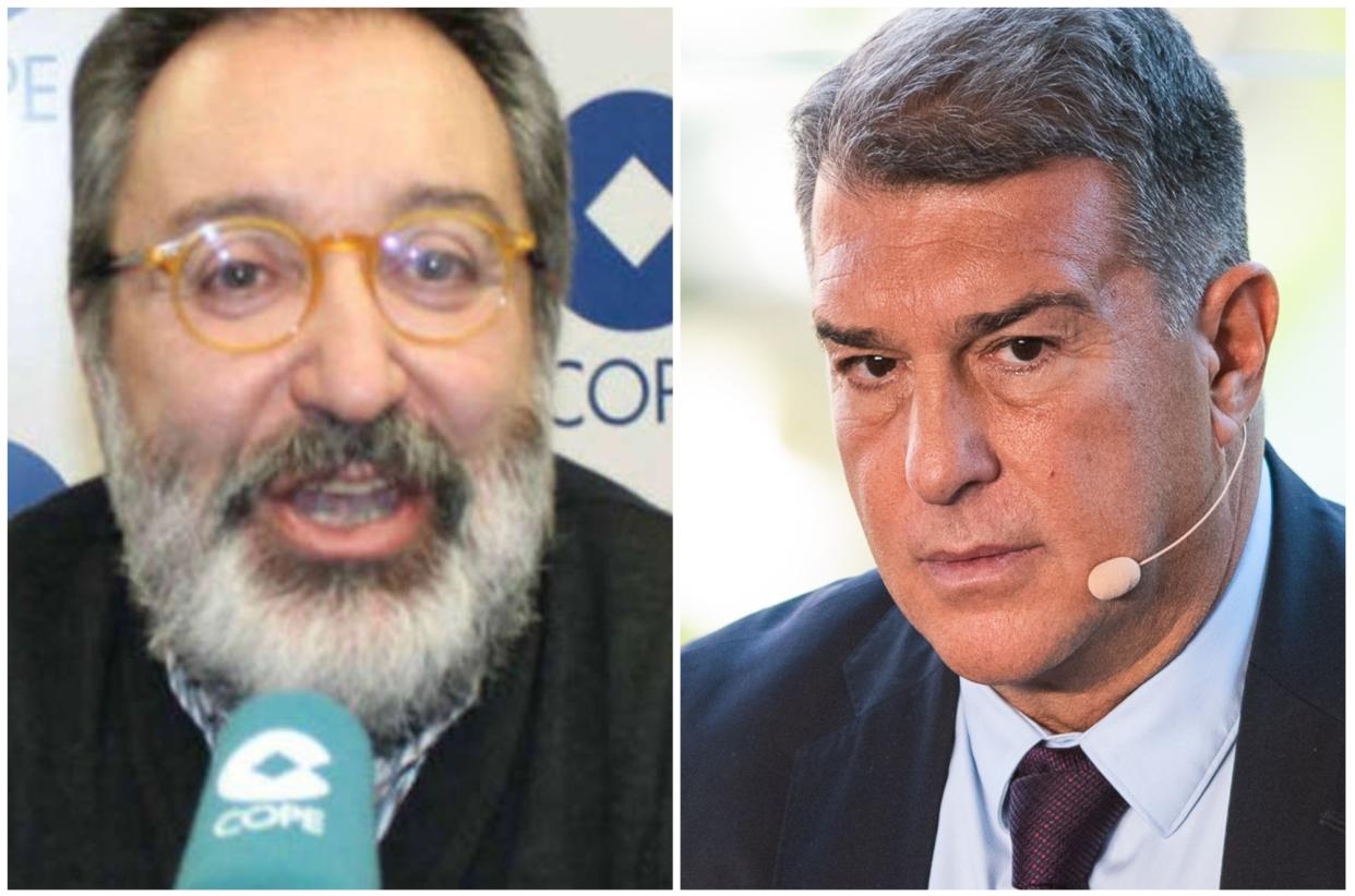 El periodista Emilio Pérez de Rozas y Joan Laporta, presidente del Barcelona. (Foto: COPE / Marc Graupera Aloma / Europa Press / Getty Images).