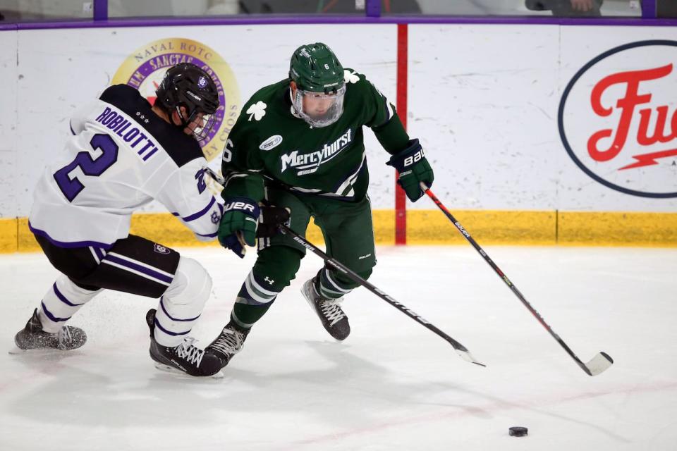 Mercyhurst University dismissed Carson Brière, right, from the men's hockey team after a video showed him and another athlete at the school pushing an unoccupied wheelchair down a staircase. (Stew Milne/The Associated Press - image credit)