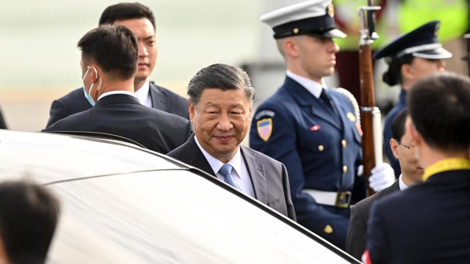 PHOTO: Chinese President Xi Jinping arrives at San Francisco International airport to attend the Asia-Pacific Economic Cooperation (APEC) leaders' week in San Francisco, California, on Nov. 14, 2023. (Frederic J.Brown/AFP via Getty Images)