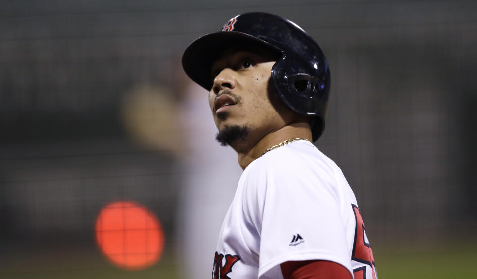 Boston Red Sox’s Mookie Betts during the first inning of a baseball game at Fenway Park in Boston, Thursday, Sept. 28, 2017. (AP Photo/Charles Krupa)