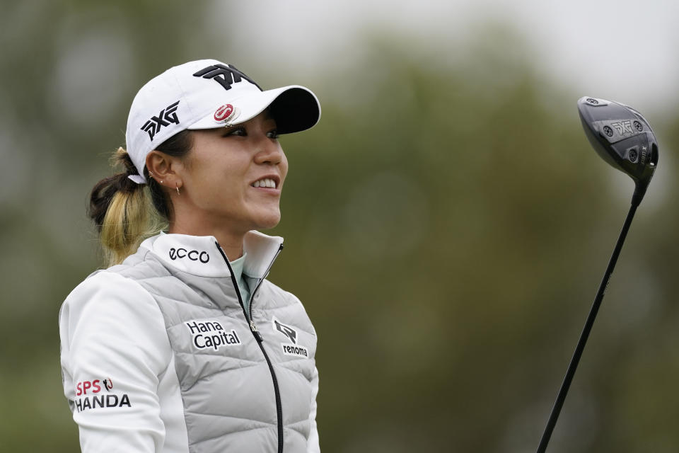 Lydia Ko watches her shot from the 11th tee during the second round of the LPGA's Hugel-Air Premia LA Open golf tournament at Wilshire Country Club Thursday, April 22, 2021, in Los Angeles. (AP Photo/Ashley Landis)