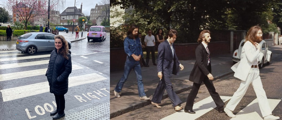 Tracey Tucker, left, on the famous Abbey Road crosswalk in 2023, and the Fab Four on the photo shoot for the 1969 “Abbey Road” album cover.