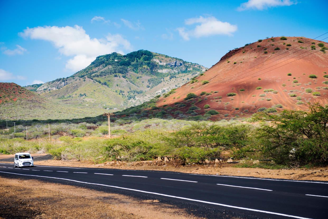 Ascension Island View of road to Green Mountain with volcanic topography