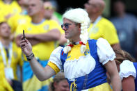 <p>A Sweden fan enjoys the pre match atmosphere during the 2018 FIFA World Cup Russia group F match between Sweden and Korea Republic at Nizhniy Novgorod Stadium on June 18, 2018 in Nizhniy Novgorod, Russia. (Photo by Clive Brunskill/Getty Images) </p>