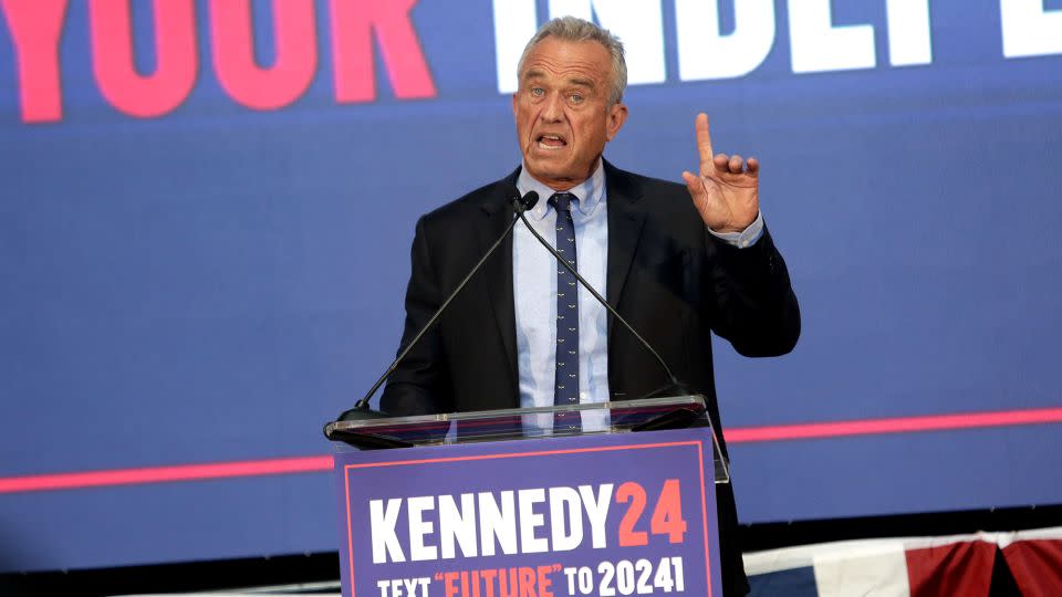 Independent presidential candidate Kennedy speaks during a campaign event where he announced Nicole Shanahan as his VP pick on March 26, 2024. - Thos Robinson/Getty Images