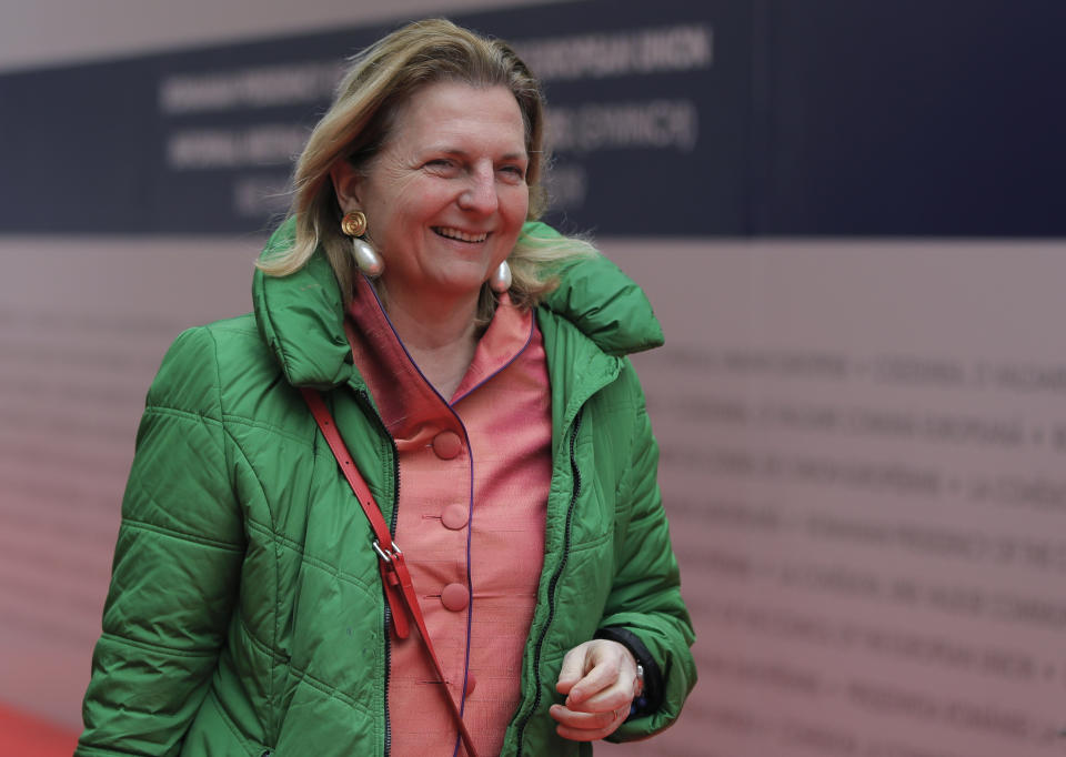 Karin Kneissl, Austria's Federal Minister for Europe, Integration and Foreign Affairs, arrives for a Gymnich meeting of EU foreign ministers in Bucharest, Romania, Thursday, Jan. 31, 2019. Kneissl is on a two-day visit to Romania, attending meetings of European Union defense and foreign ministers. (AP Photo/Vadim Ghirda)