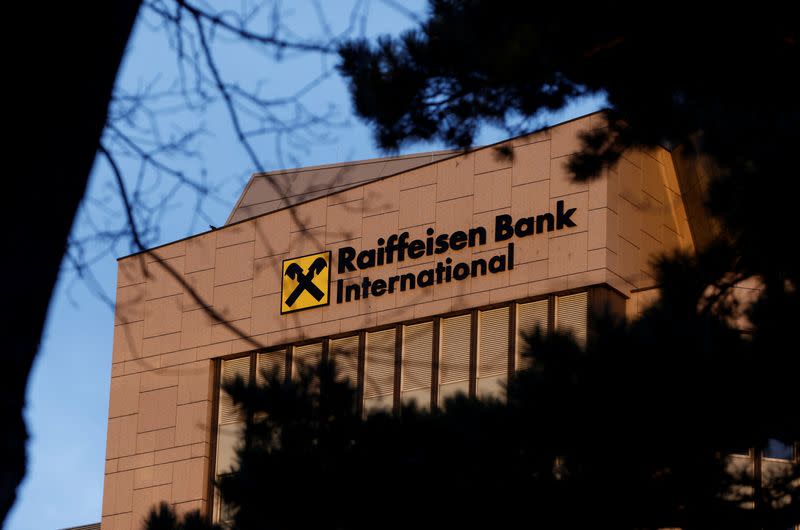 The logo of Raiffeisen Bank International (RBI) is seen at its headquarters in Vienna