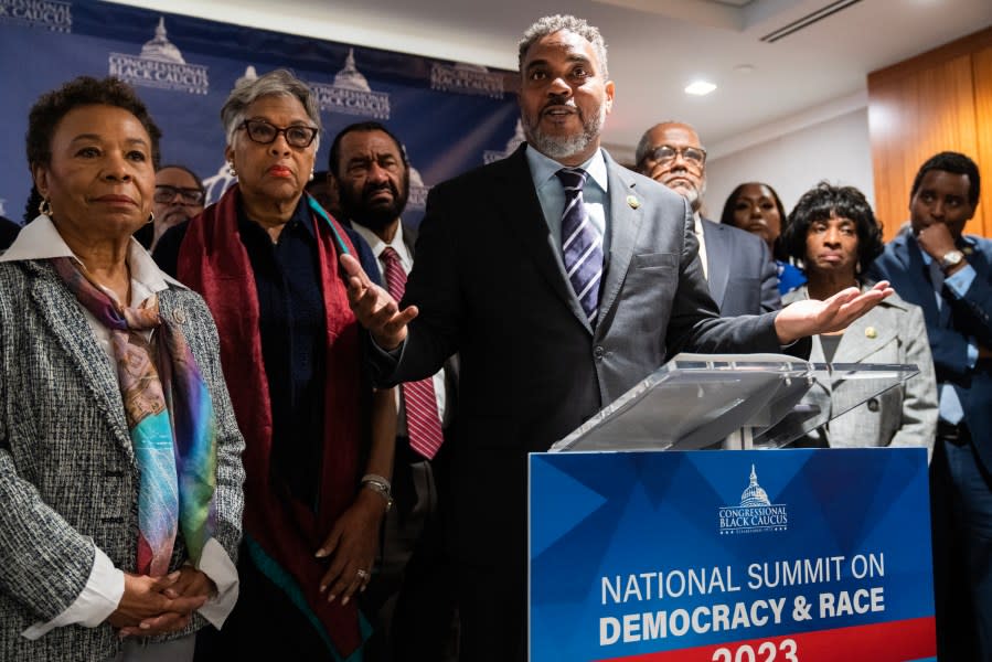 UNITED STATES – MAY 9: Rep. Steven Horsford, D-Nev., chairman of the Congressional Black Caucus, conducts a news conference following the CBC’s National Summit on Democracy & Race near Capitol Hill on Tuesday, May 9, 2023. (Tom Williams/CQ-Roll Call, Inc via Getty Images)