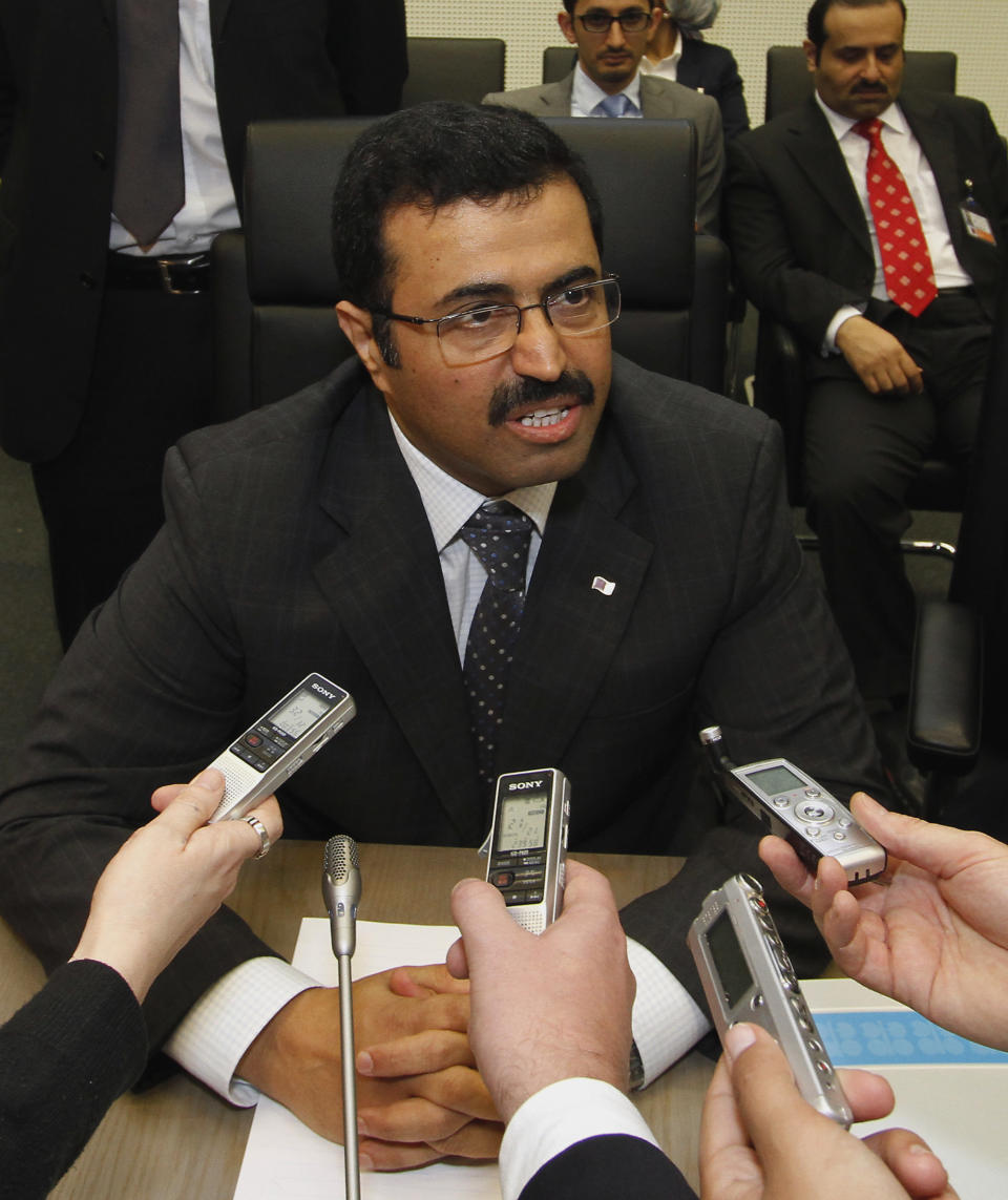 Qatar's Minister of Energy and Industry Mohammed Bin Saleh Al-Sada speaks to journalists prior to the start of the meeting of the Organization of the Petroleum Exporting Countries, OPEC, at their headquarters in Vienna, Austria, on Thursday, June 14, 2012. The meeting of the 12 oil ministers of the OPEC focuses on price and production targets. (AP Photo/Ronald Zak)