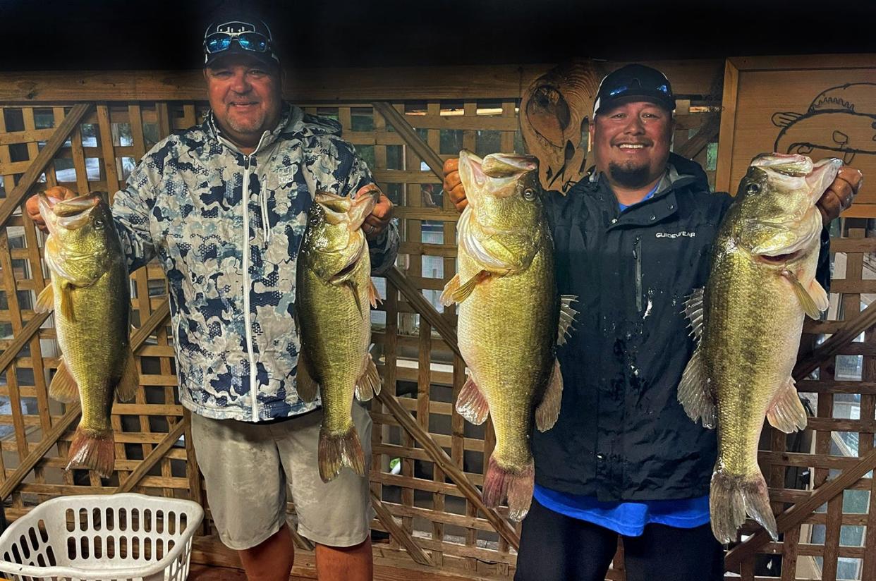 George Short, left, and Santos Solis Jr. had 30.97 pounds and also big bass with a 9.25 pounder to win the Xtreme Bass Series Kissimmee Division tournament August 14 on Lake Kissimmee. 