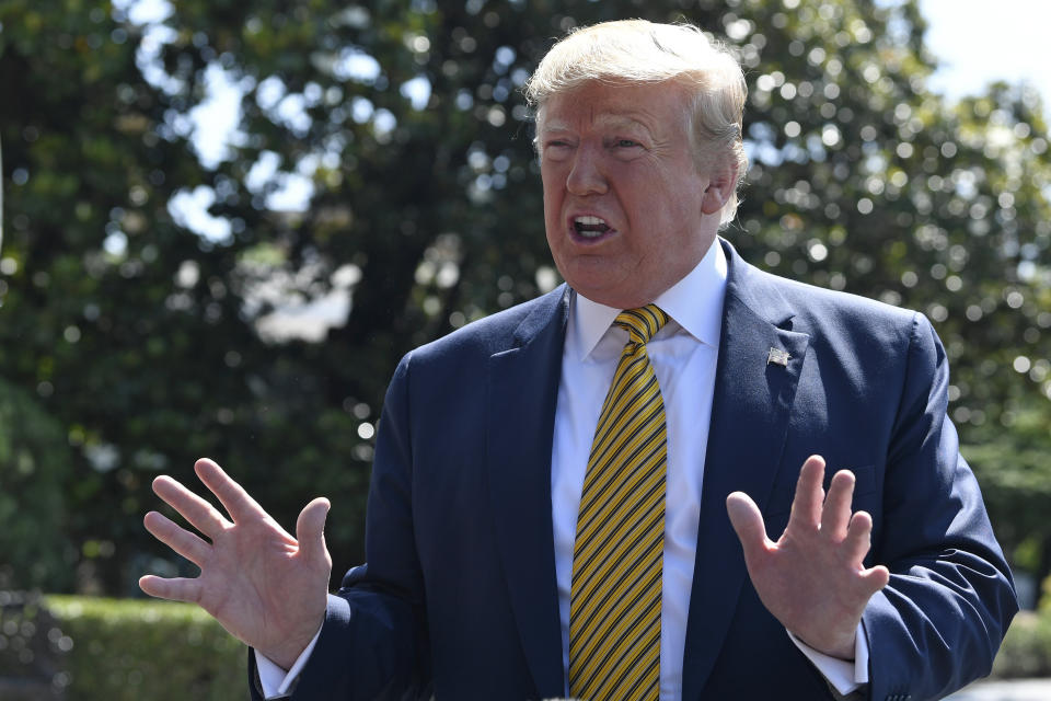 President Donald Trump speaks to reporters on the South Lawn of the White House in Washington, Saturday, June 22, 2019, before boarding Marine One for the trip to Camp David in Maryland. (AP Photo/Susan Walsh)