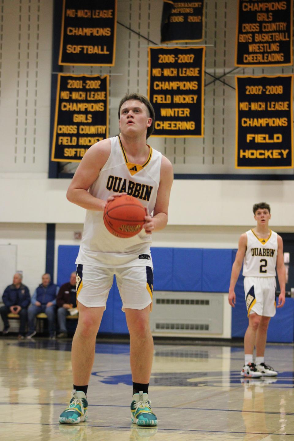 Quabbin's Kyle Clark sets to shoot a free throw in the Panthers' game against Tyngsboro on February 2, 2024.