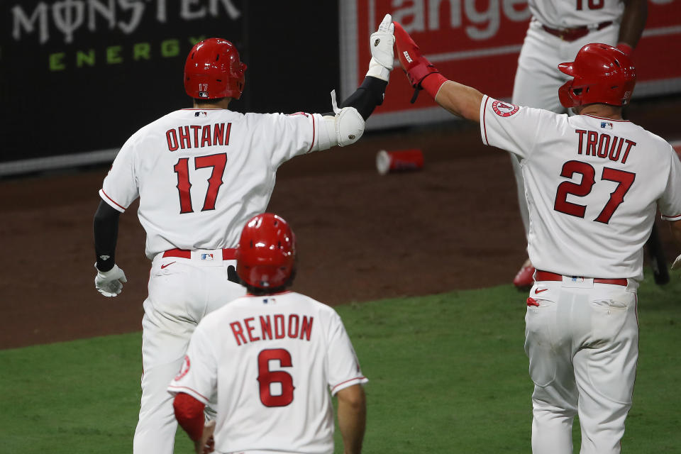 大谷翔平（17號）、Mike Trout（27號）與Anthony Rendon（6號）。（Photo by Sean M. Haffey/Getty Images）