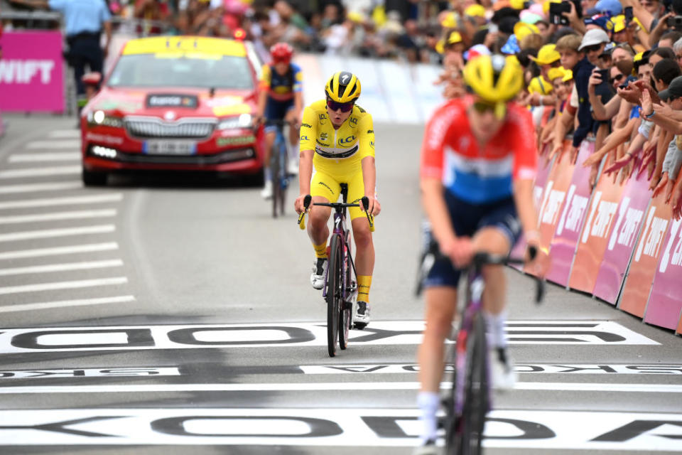 RODEZ FRANCE  JULY 26 Lotte Kopecky of Belgium and Team SD Worx  Protime  Yellow Leader Jersey crosses the finish line during the 2nd Tour de France Femmes 2023 Stage 4 a 1771km stage from Cahors to Rodez 572m  UCIWWT  on July 26 2023 in Rodez France Photo by Alex BroadwayGetty Images