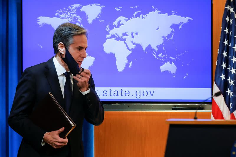 New U.S. Secretary of State Antony Blinken holds first press briefing at the State Department in Washington