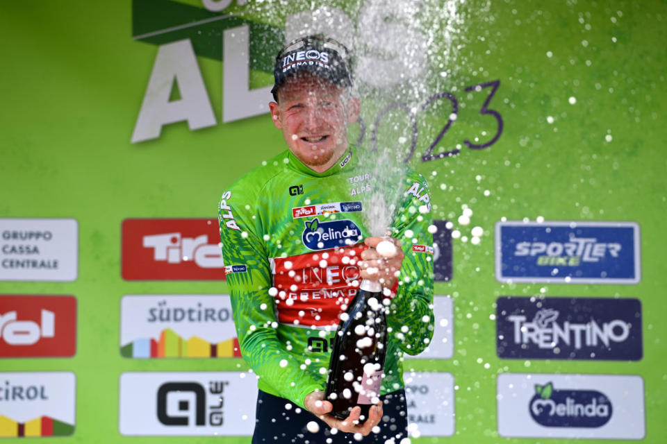 RITTEN ITALY  APRIL 18 Tao Geoghegan Hart of United Kingdom and Team INEOS Grenadiers celebrates at podium as Green leader jersey winner during the 46th Tour of the Alps 2023  Stage 2 a 1652km stage from Reith im Alpbachtal to Ritten 1174m on April 18 2023 in Reith im Alpbachtal Italy Photo by Tim de WaeleGetty Images