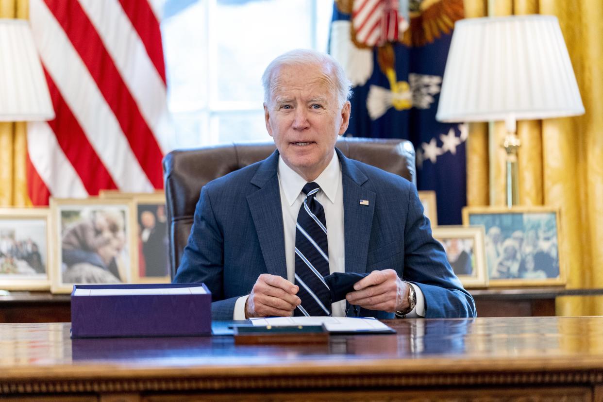 President Joe Biden speaks before signing the American Rescue Plan, a coronavirus relief package, in the Oval Office of the White House, Thursday, March 11, 2021, in Washington. (AP Photo/Andrew Harnik)