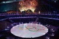 <p>Fireworks light up the night sky as dancers perform during the closing ceremony of the Pyeongchang 2018 Winter Olympic Games at the Pyeongchang Stadium on February 25, 2018. / AFP PHOTO / JAVIER SORIANO </p>