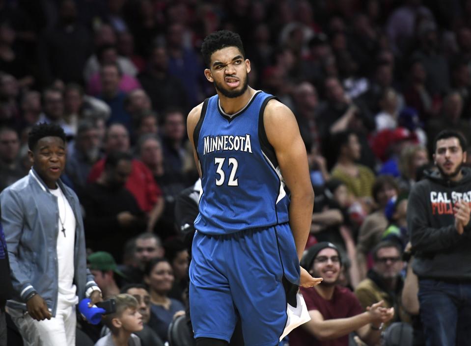 Karl-Anthony Towns made this face immediately after hearing you didn't pick him as an All-Star reserve. (Getty Images)