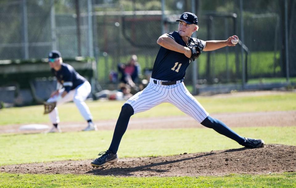 Central Catholic’s TP Wentworth delivers a pitch during the Sac-Joaquin Section baseball Division III playoff game with Weston Ranch at Central Catholic High School in Modesto, Calif., Tuesday, May 8, 2024. Central Catholic won the game 7-0.