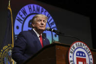 Former President Donald Trump speaks during the New Hampshire Republican State Committee 2023 annual meeting, Saturday, Jan. 28, 2023, in Salem, N.H. (AP Photo/Reba Saldanha)