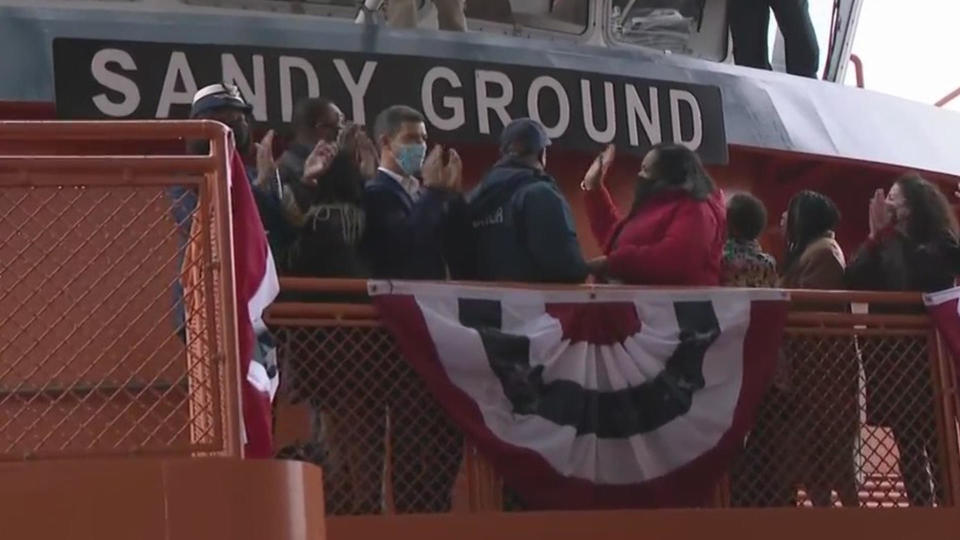 FILE — New York City Mayor Eric Adams commissions a new Staten Island ferry, Sandy Ground, in February 2022. / Credit: CBS New York