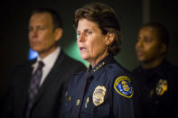 <p>San Diego Police Chief Shelly Zimmerman announces at Scripps Mercy Hospital that two San Diego police officers were shot, one fatally, Friday, July 29, 2016. (David Poller/The San Diego Union-Tribune via AP) </p>