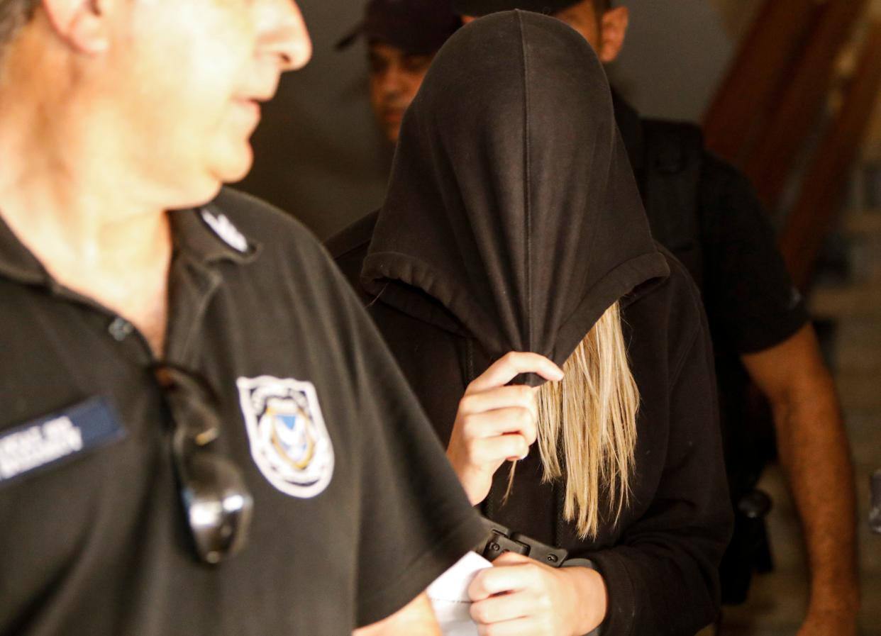 The British teenager who accused Israelis of gang rape leaving the Famagusta District Court in Paralimni in eastern Cyprus last week. (Getty)