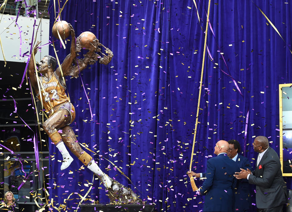 LOS ANGELES, CA - APRIL 06:  Legendary Los Angeles Lakers and NBA Hall of Fame player Elgin Baylor looks on at the unveiling of his bronze statue in Star Plaza at Staples Center on April 6, 2018 in Los Angeles, California.  NOTE TO USER: User expressly acknowledges and agrees that, by downloading and or using this photograph, User is consenting to the terms and conditions of the Getty Images License Agreement.  (Photo by Jayne Kamin-Oncea/Getty Images)