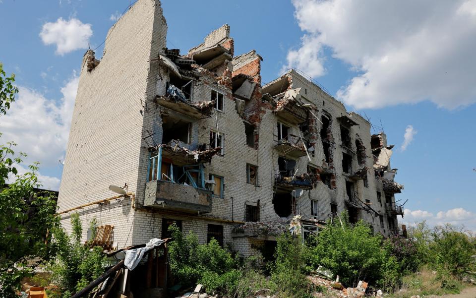 A view shows an apartment block destroyed in the course of Russia-Ukraine conflict