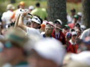 Bubba Watson tees off on the 17th hole during the second round of the Masters golf tournament Friday, April 11, 2014, in Augusta, Ga. (AP Photo/David J. Phillip)