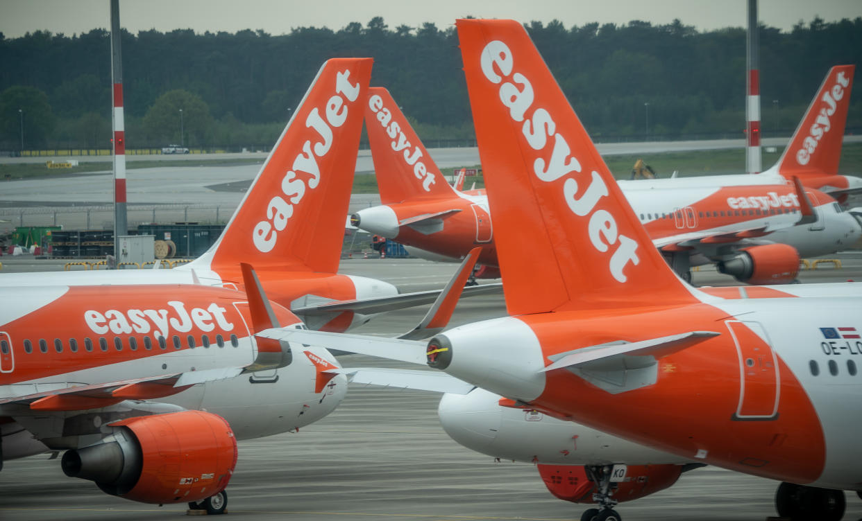 29 April 2020, Brandenburg, Schönefeld: Easy Jet aircraft are parked on the apron of the new Berlin-Brandenburg Willy-Brandt Airport. At meetings of the Supervisory Board and the shareholders' meeting of Flughafen Berlin Brandenburg GmbH, the temporary closure of Tegel Airport is to be discussed, among other things. Photo: Michael Kappeler/dpa (Photo by Michael Kappeler/picture alliance via Getty Images)