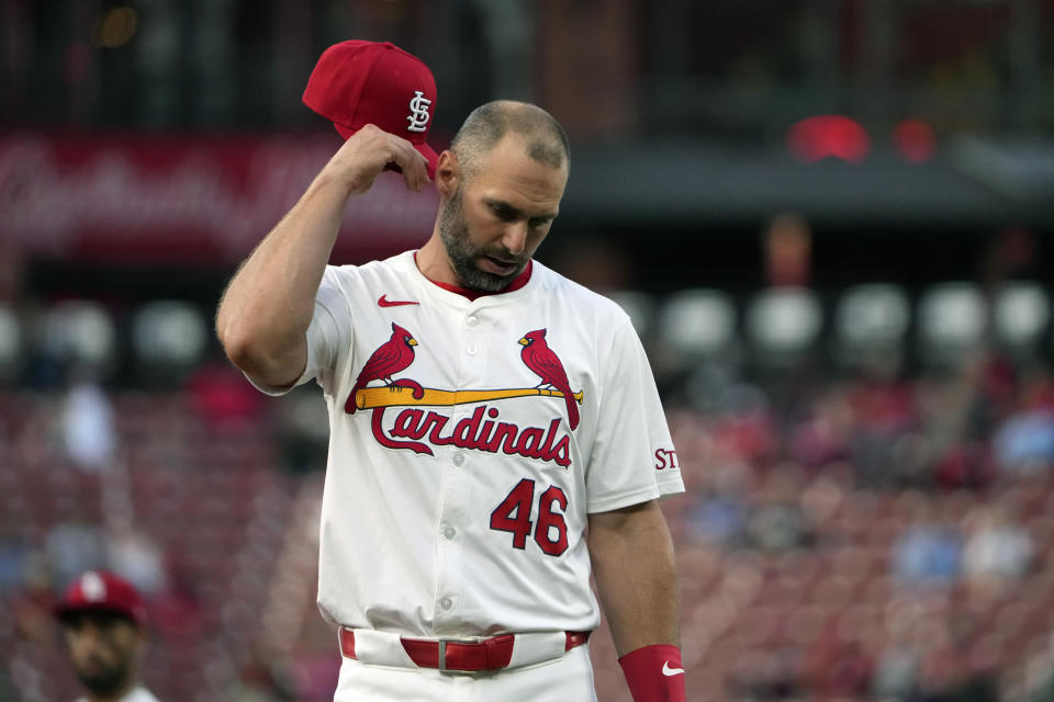 St. Louis Cardinals first baseman Paul Goldschmidt pauses during the third inning of a baseball game against the New York Mets Monday, May 6, 2024, in St. Louis. (AP Photo/Jeff Roberson)
