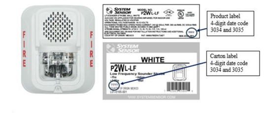 Recalled System Sensor L-Series Low Frequency Fire Alarm Sounder Strobe Model P2WL-LF (White) showing product label and carton label (Courtesy: U.S. Consuper Product Safety Commision)