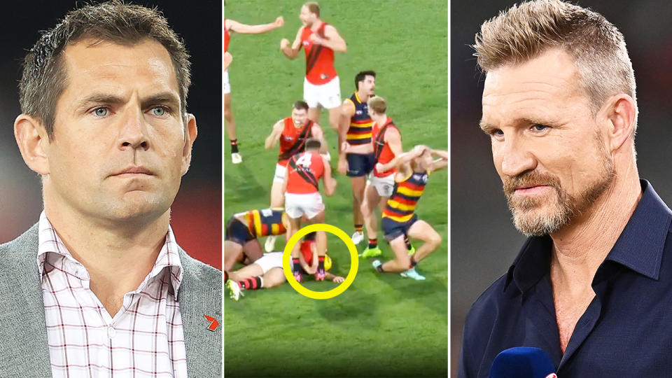 AFL greats Luke Hodge and Nathan Buckley, pictured here alongside the controversial Adelaide and Essendon incident.